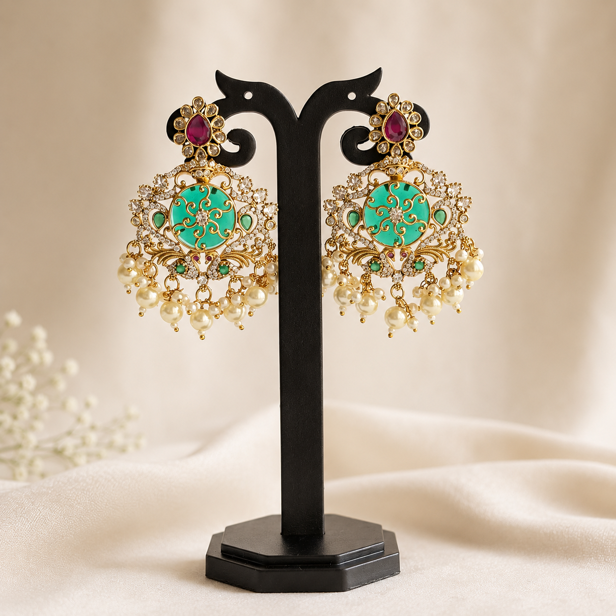 Emerald Chandbali Earrings with Ruby & Pearl Drops