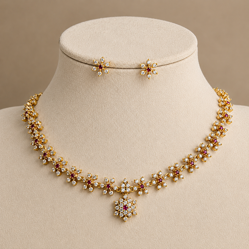 Ruby CZ Flower Necklace Set with Earrings