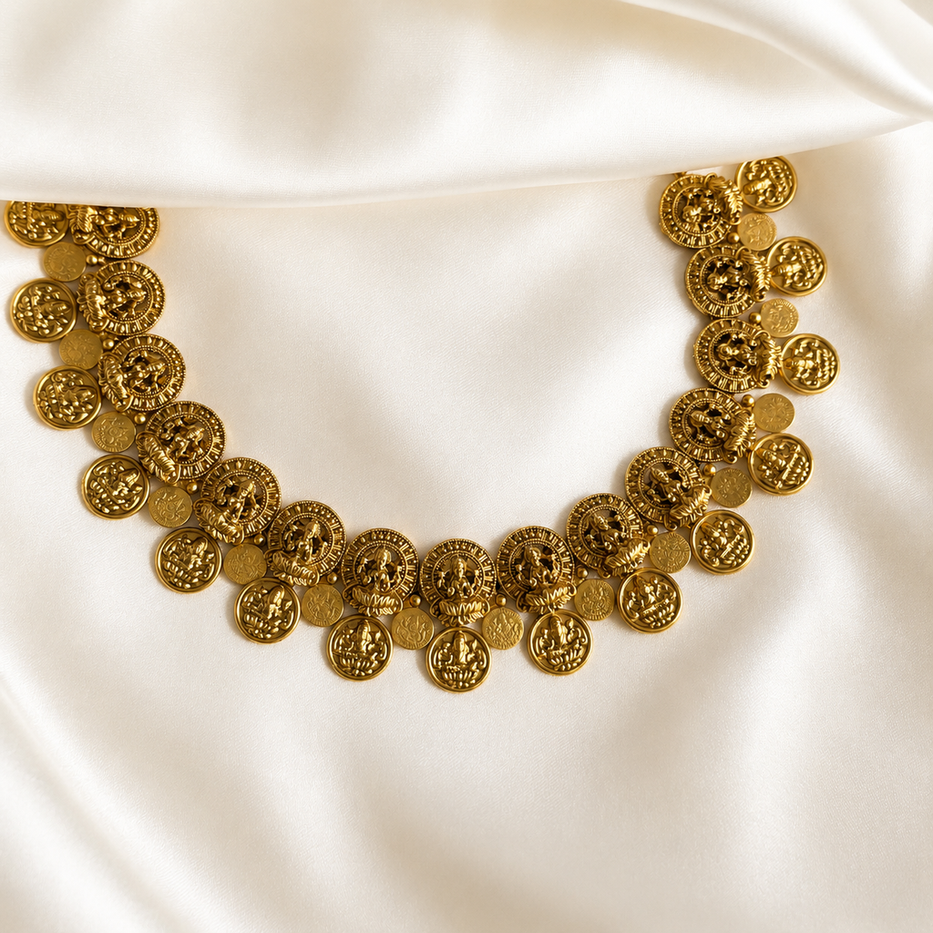 Lakshmi Coin Temple Necklace Set with Earrings