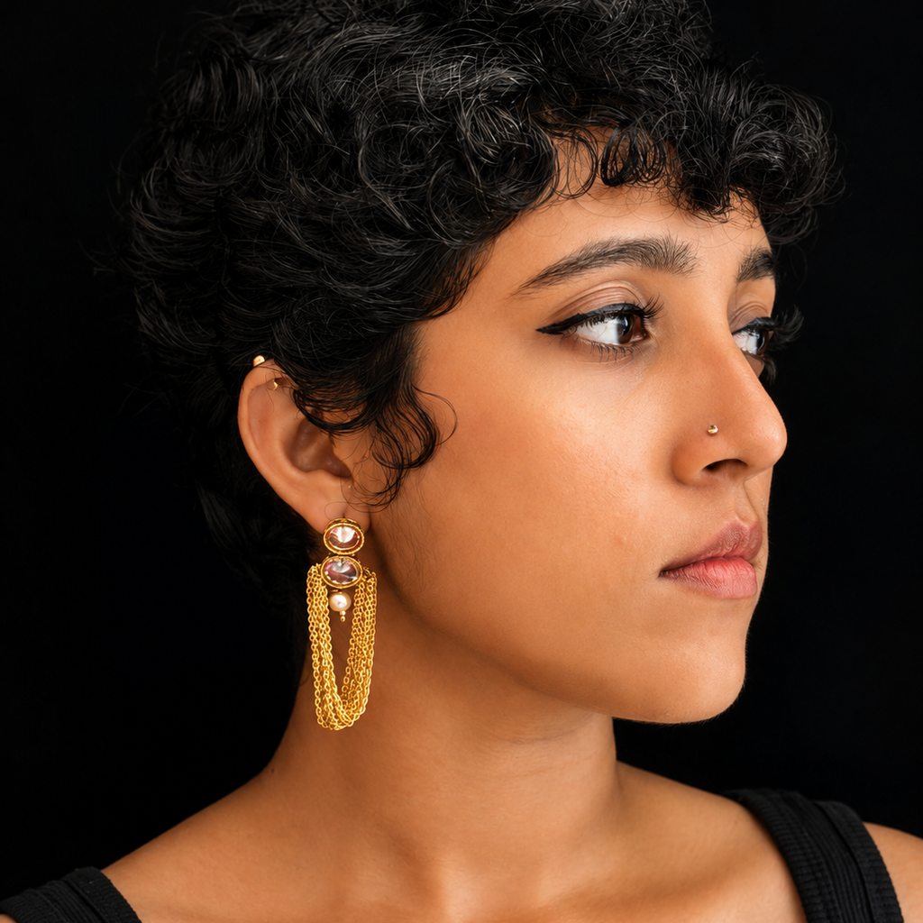 Crystal Pearl Gold Tassel Earrings