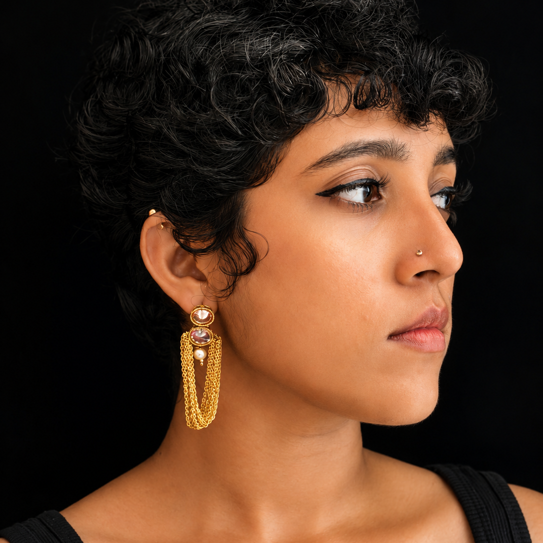 Crystal Pearl Gold Tassel Earrings