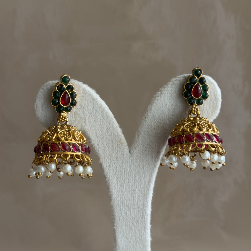 Kemp Ruby Green Temple Jhumka Earrings & Necklace Set