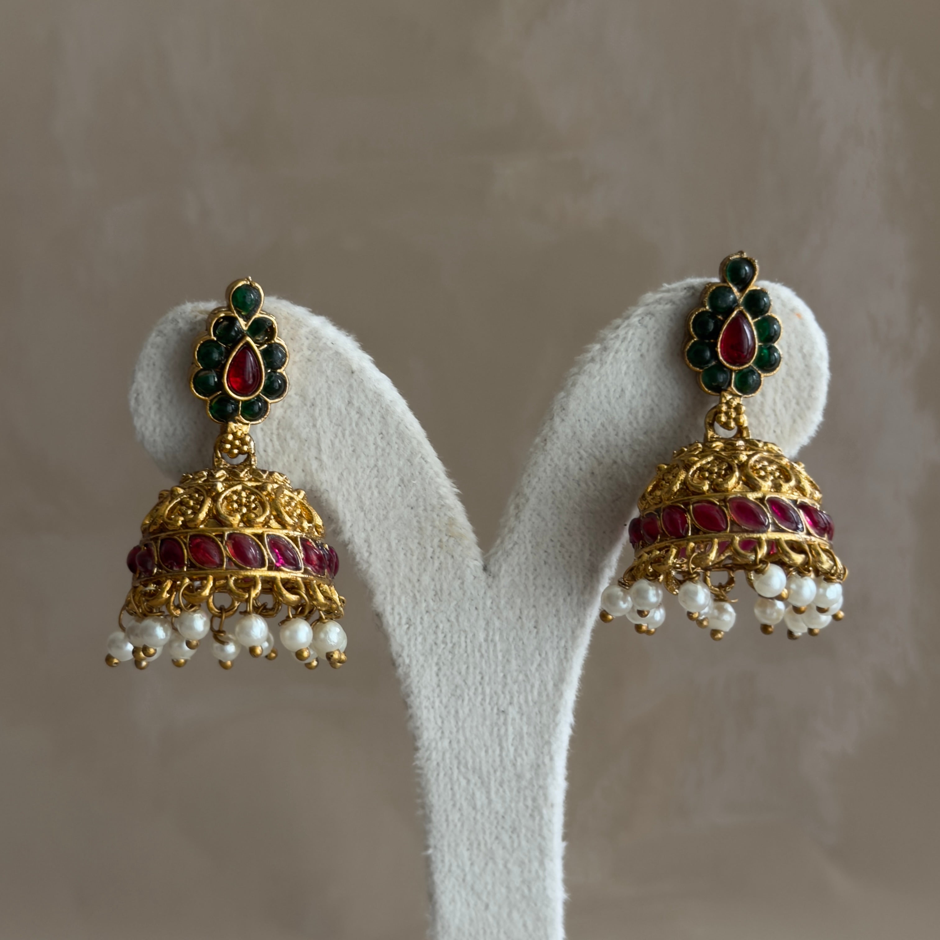 Kemp Ruby Green Temple Jhumka Earrings & Necklace Set