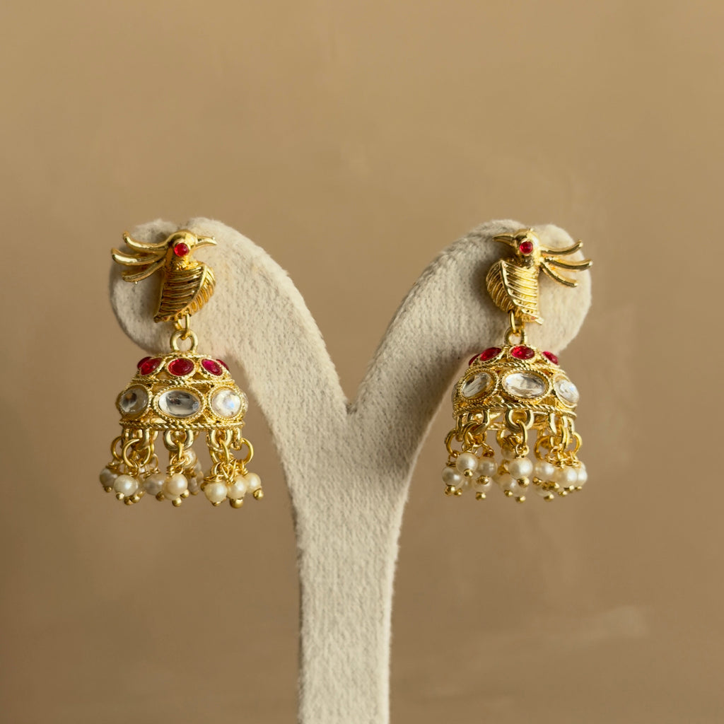 Parrot Motif Kundan Jhumka Earrings