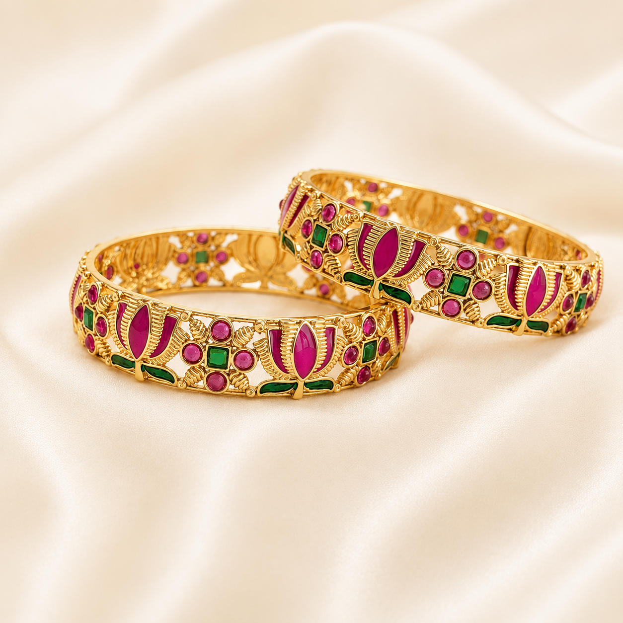Gold Kemp & Emerald Floral Bangle Set
