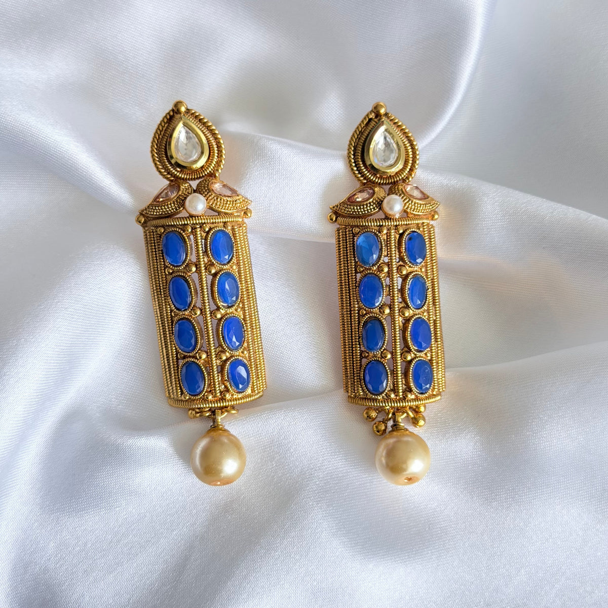 Royal Blue Kundan Rectangular Drop Earrings
