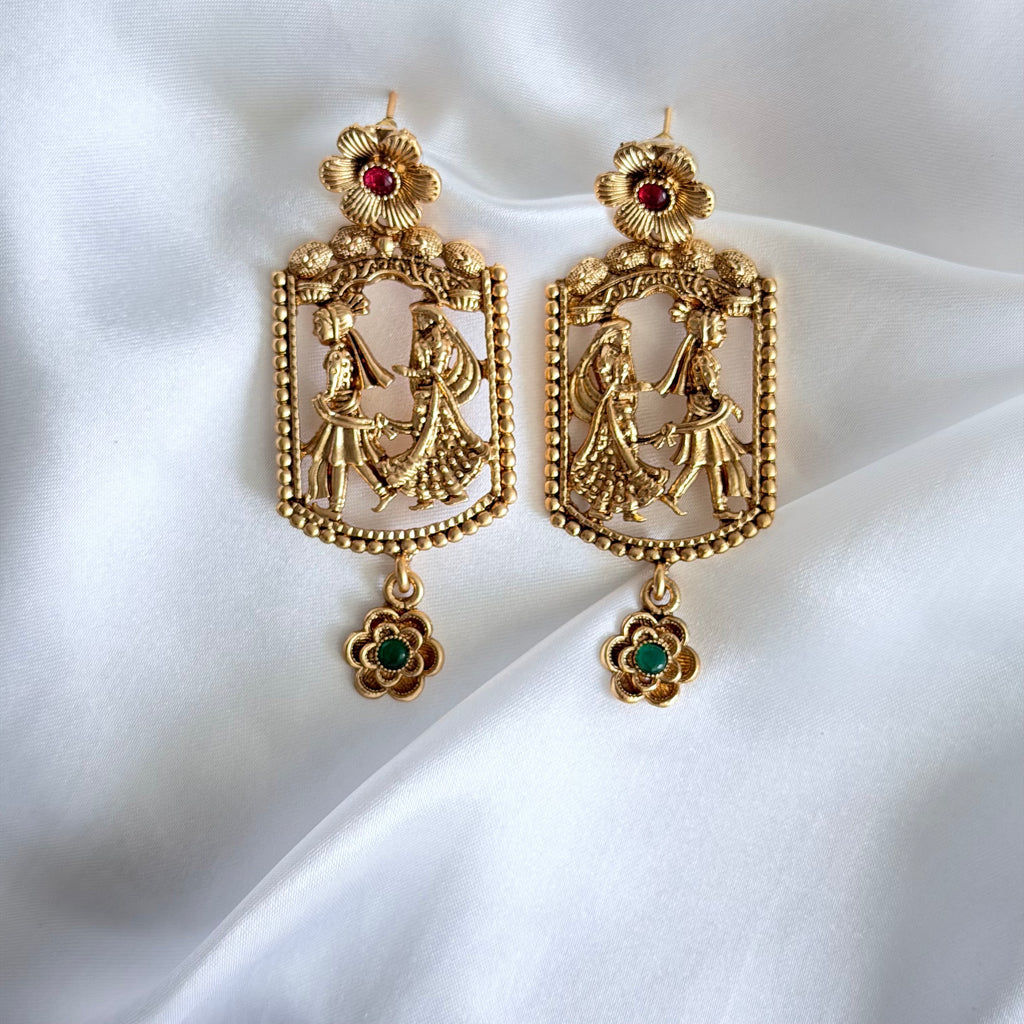 Rajwadi Romance Earrings – Antique Gold Statement Earrings with Floral Accents