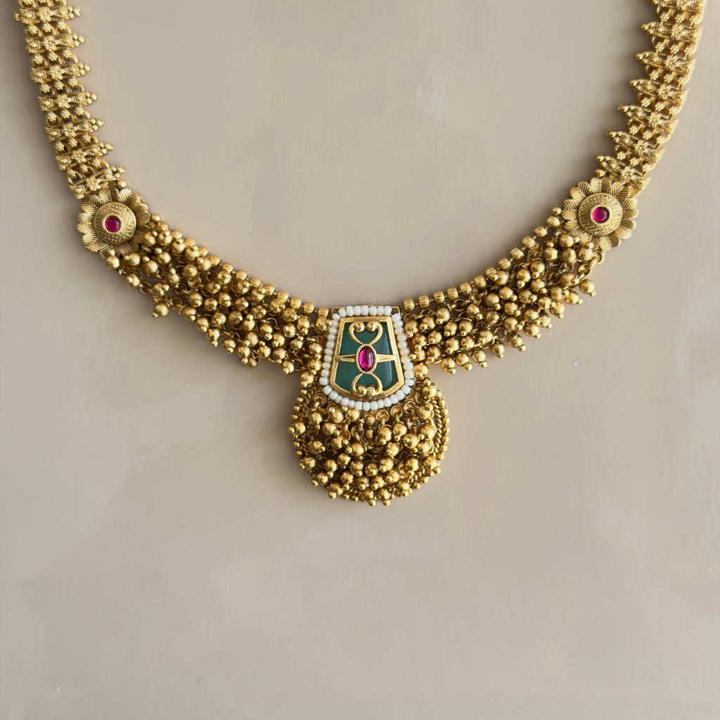 Antique Gold Meenakari Necklace Set with Ghungroo Earrings