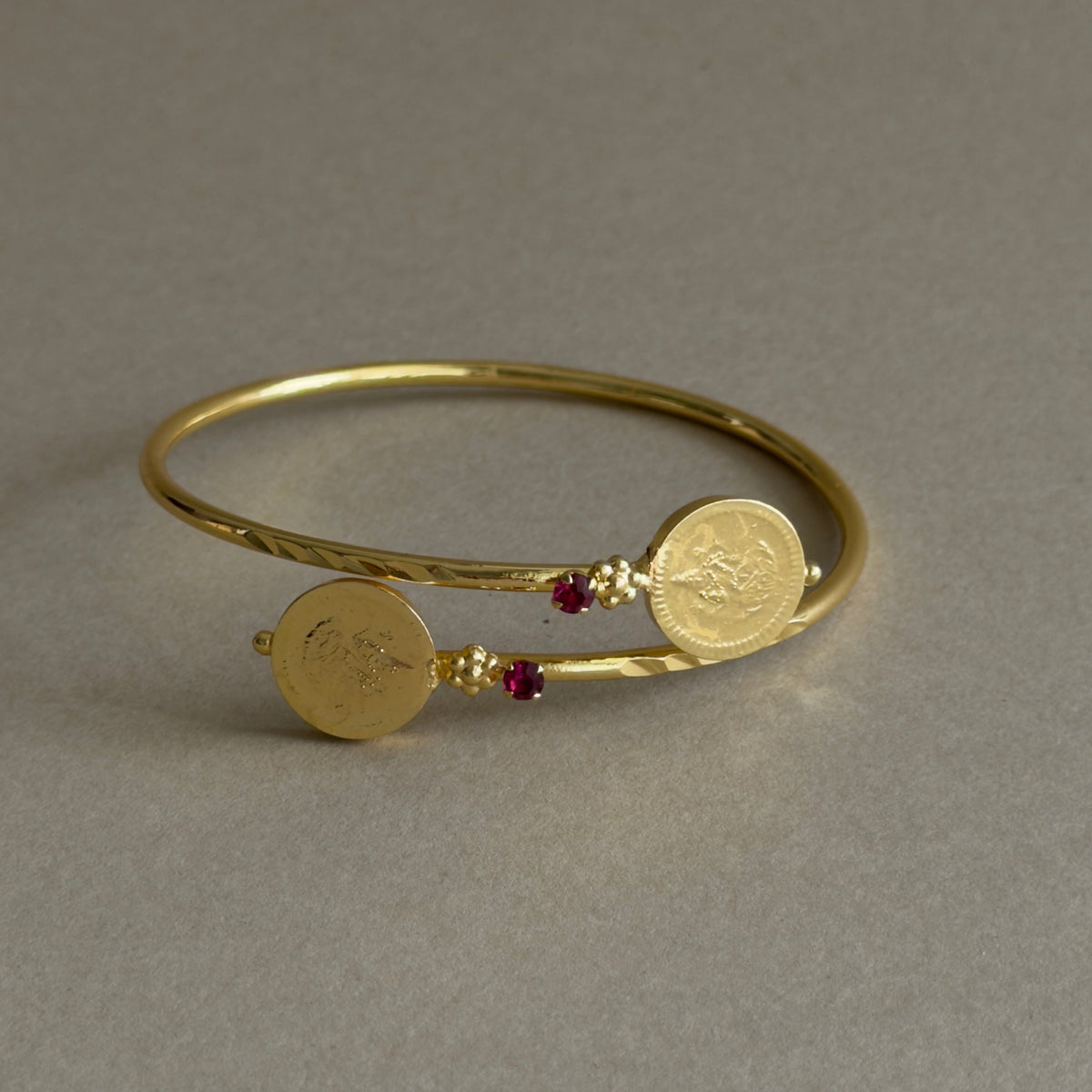 Gold Coin Bangle with Ruby Crystals