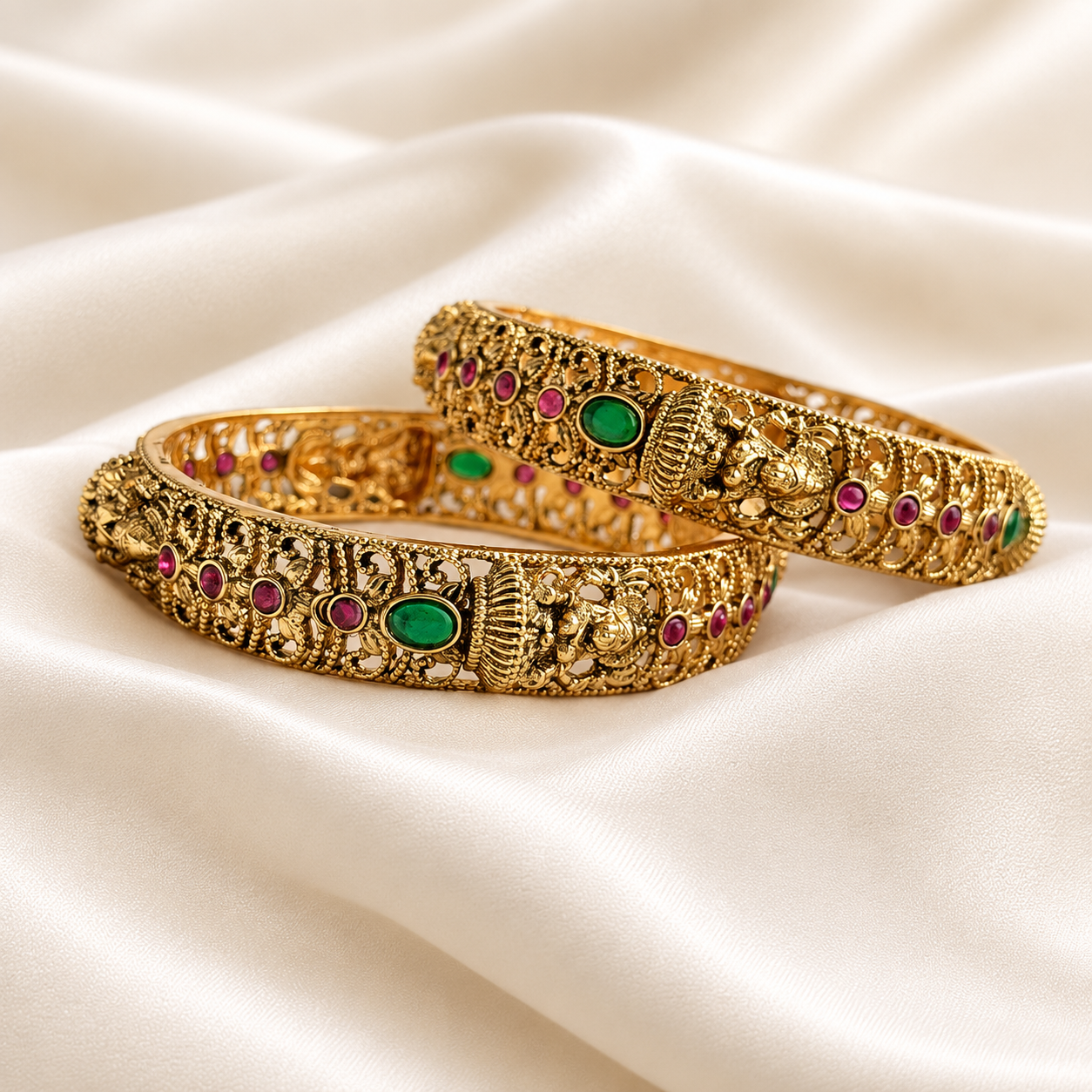 Temple Gold Bangle Set with Ruby & Emerald Stones