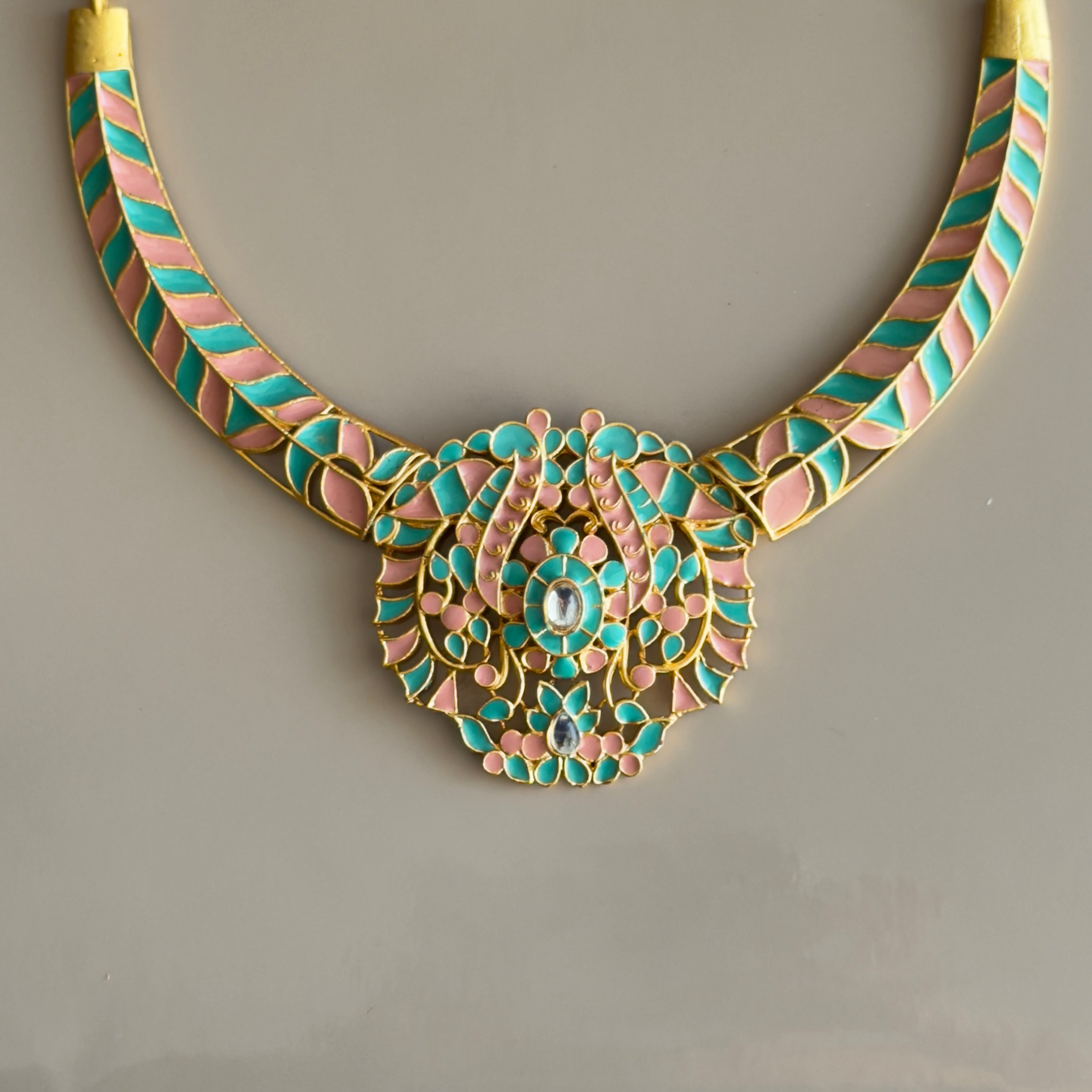 Mint & Pink Meenakari Necklace Set with Jhumka Earrings