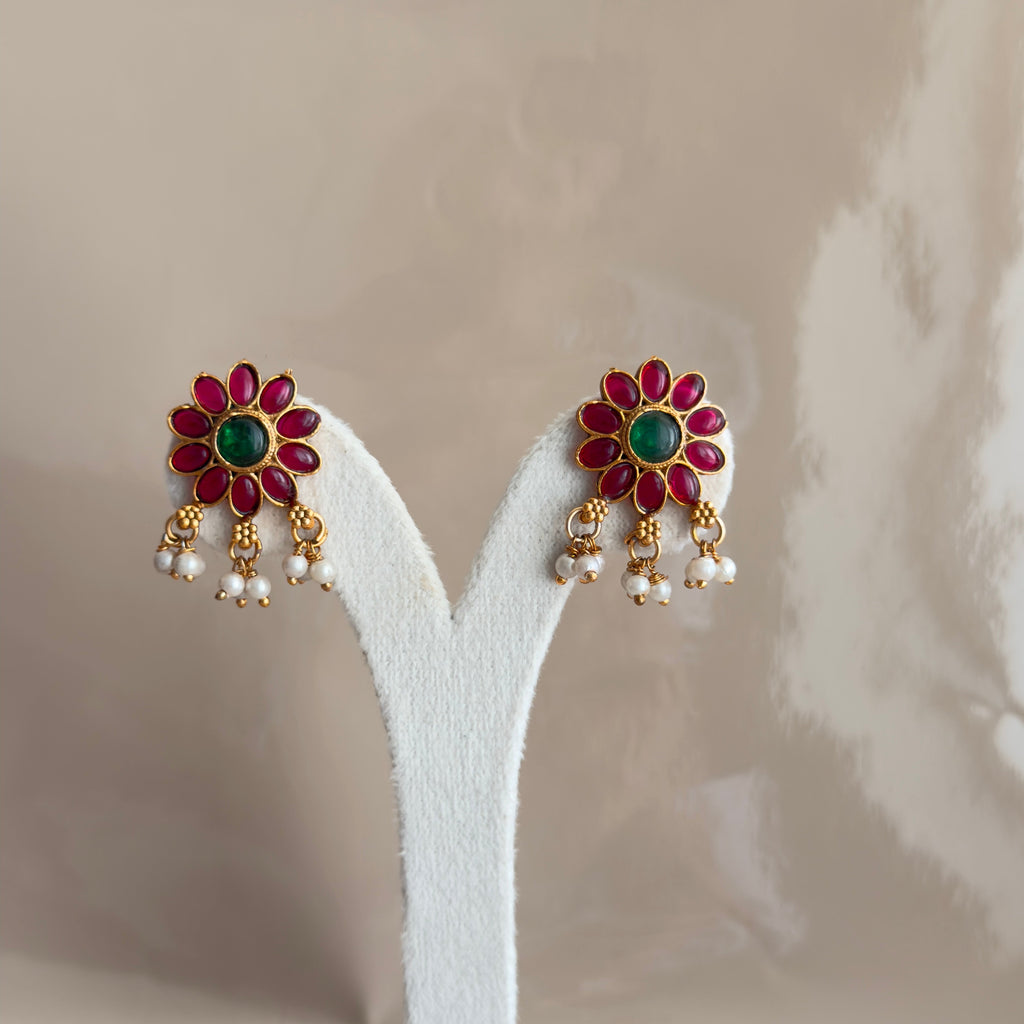Kemp Ruby Emerald Floral Necklace & Earrings Set with Pearl Drops