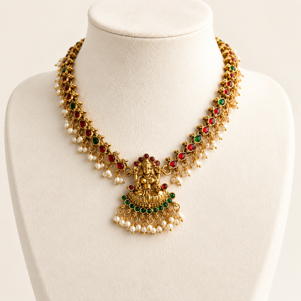 Antique Gold Lakshmi Temple Necklace with Kemp & Pearl Drops