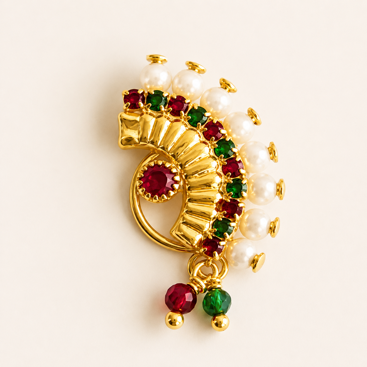 Ruby Emerald Pearl Maharashtrian Nath with Bead Drops