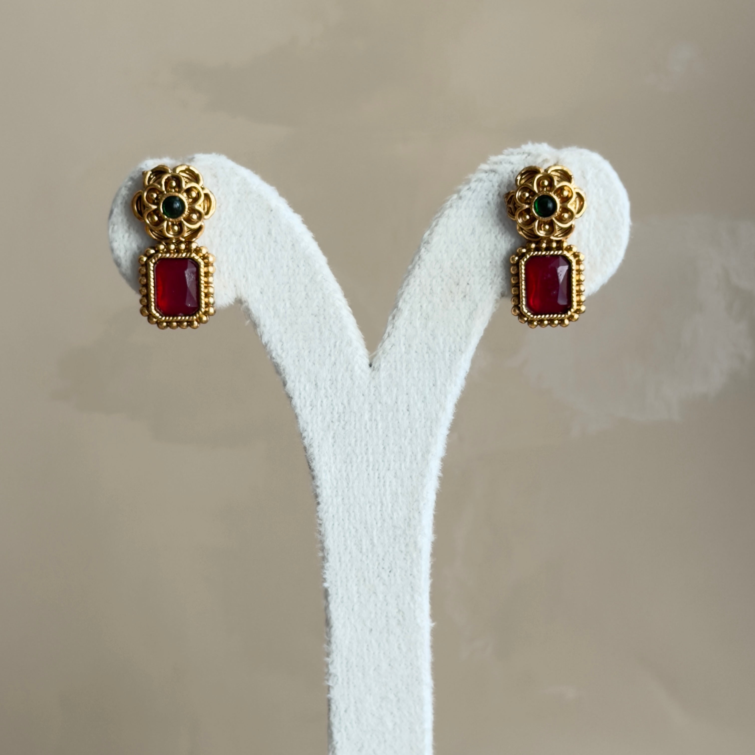 Kemp Ruby Square Stone Necklace & Earrings Set