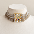 Square kundan stud earrings with peacock meenakari detail