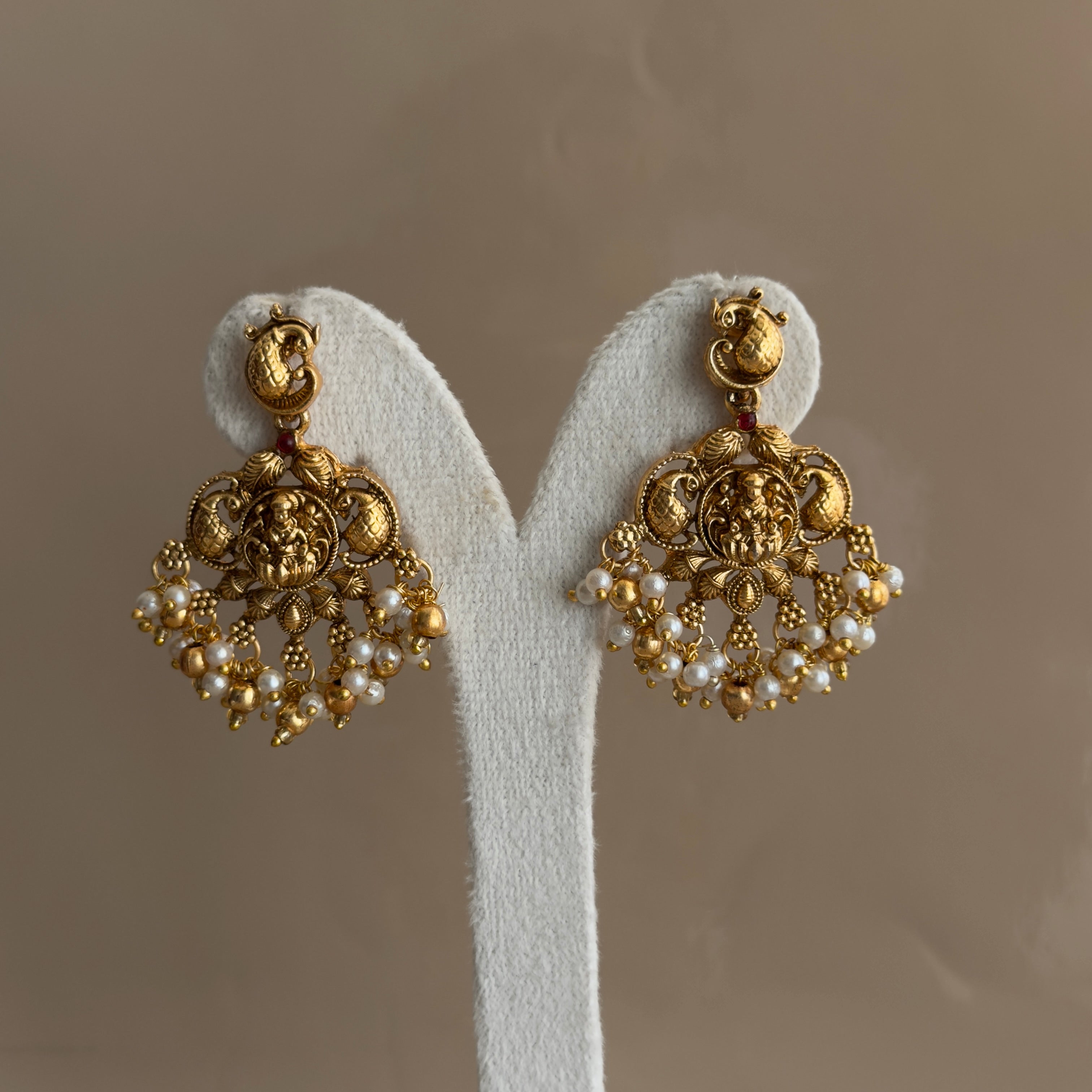 Lakshmi Nakshi Peacock Temple Necklace & Chandbali Earrings Set with Pearl Drops