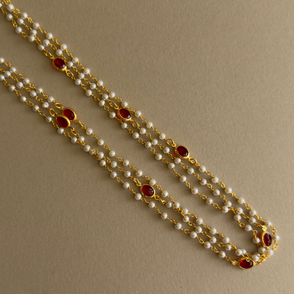 Triple Layered Pearl & Red Stone Gold Chain Necklace