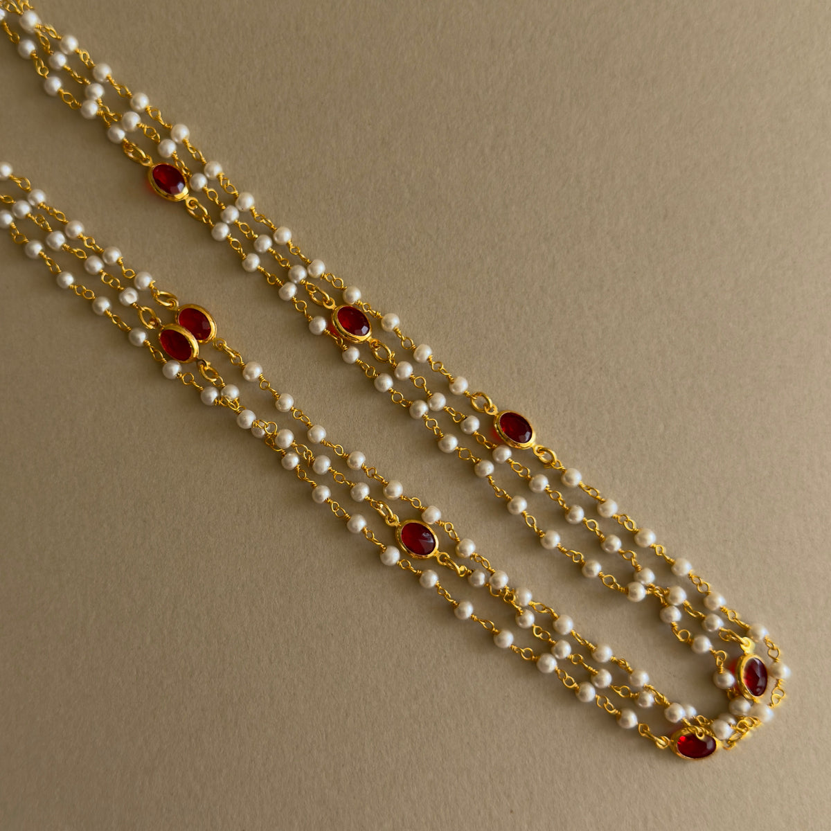 Triple Layered Pearl & Red Stone Gold Chain Necklace