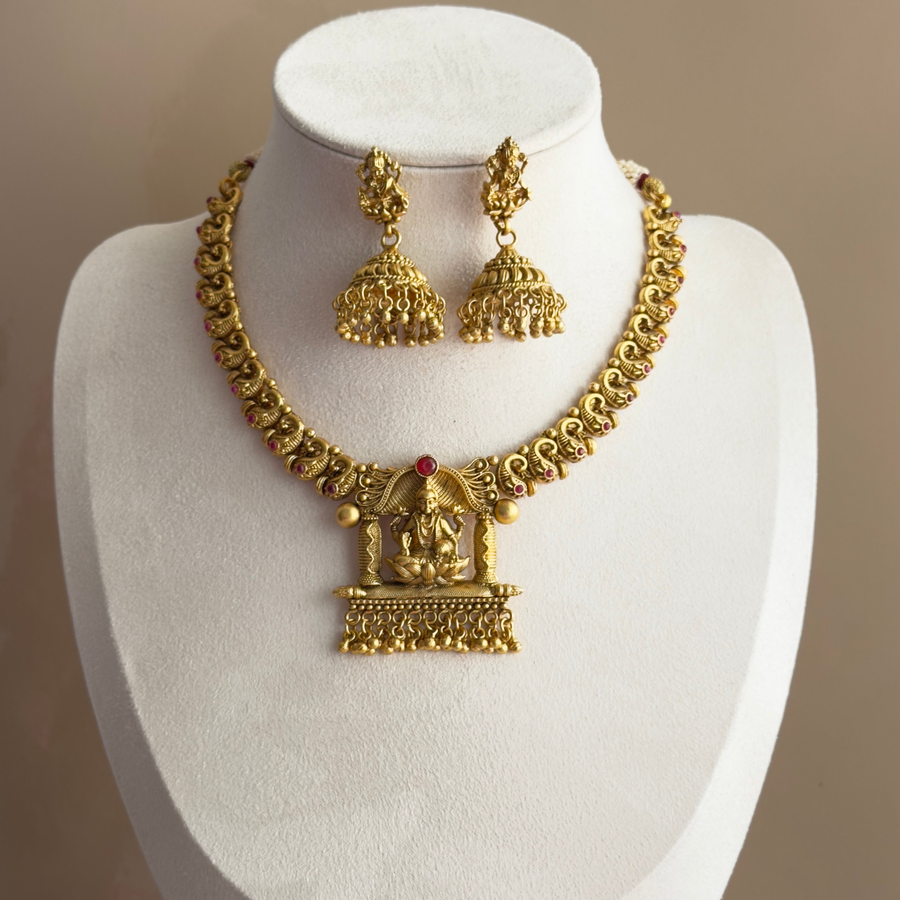 Antique Gold Lakshmi Temple Necklace Set with Jhumka Earrings
