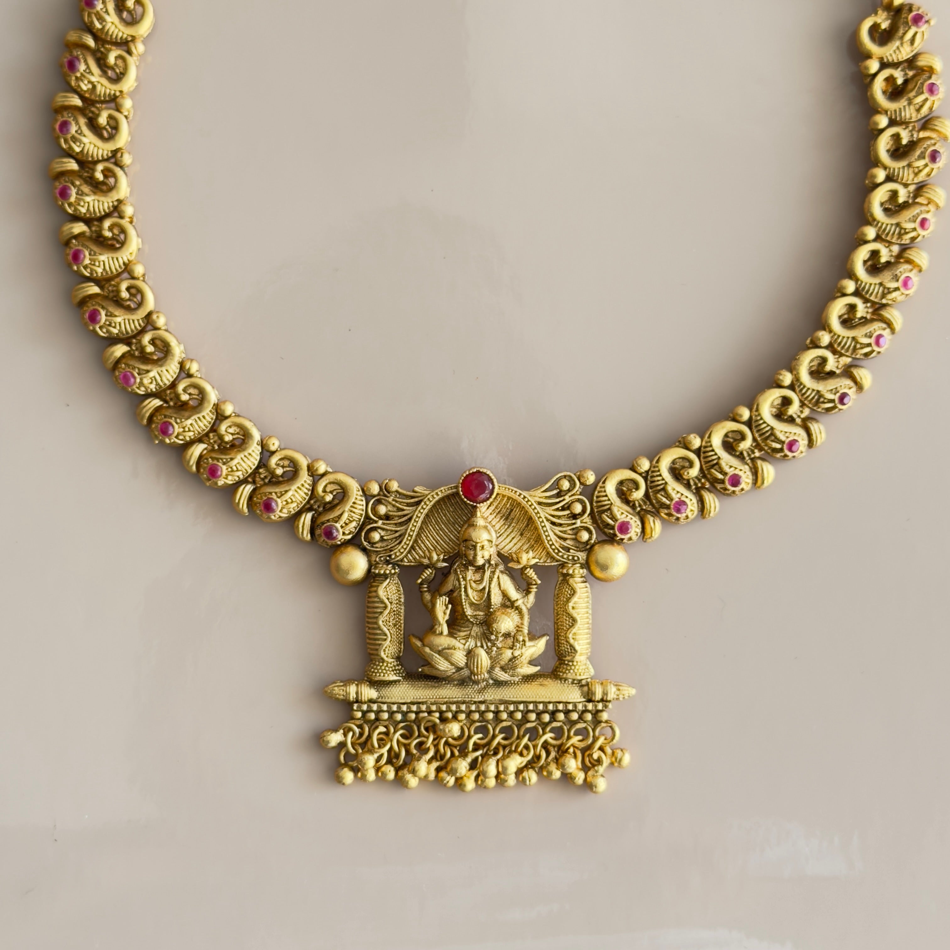 Antique Gold Lakshmi Temple Necklace Set with Jhumka Earrings