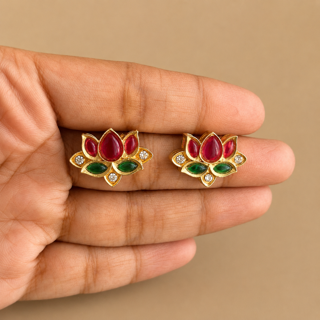 Ruby Green Lotus Necklace Set with Stud Earrings