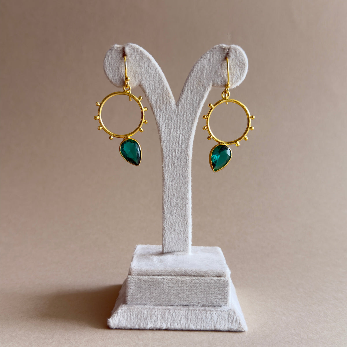 Studded Hoop Emerald Teardrop Drop Earrings