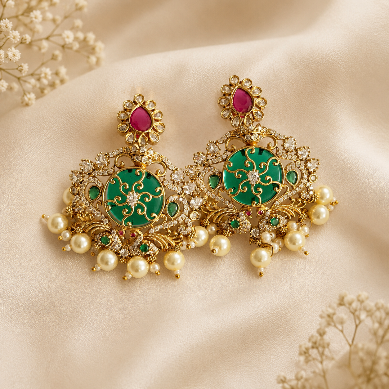 Emerald Chandbali Earrings with Ruby & Pearl Drops