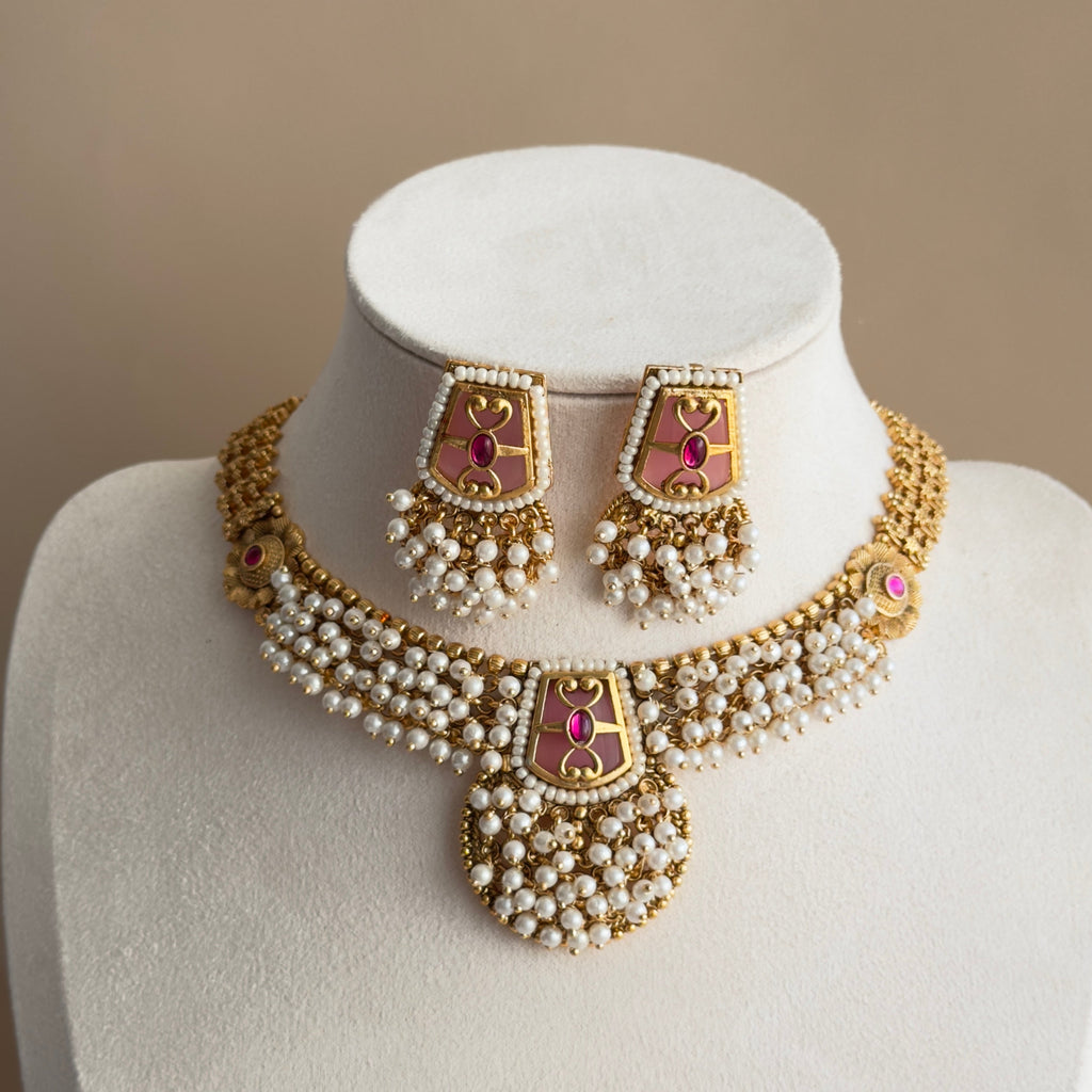 Pearl & Ruby Meenakari Necklace Set with Earrings