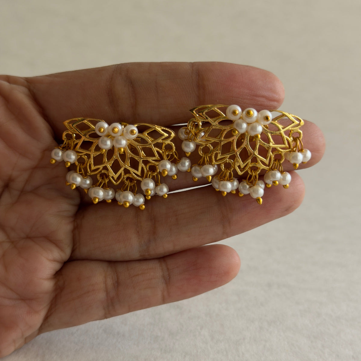 Lotus Filigree Pearl Drop Stud Earrings