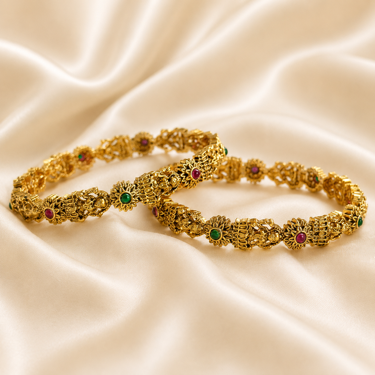 Antique Gold Lotus Bangle Set with Kemp & Emerald Stones