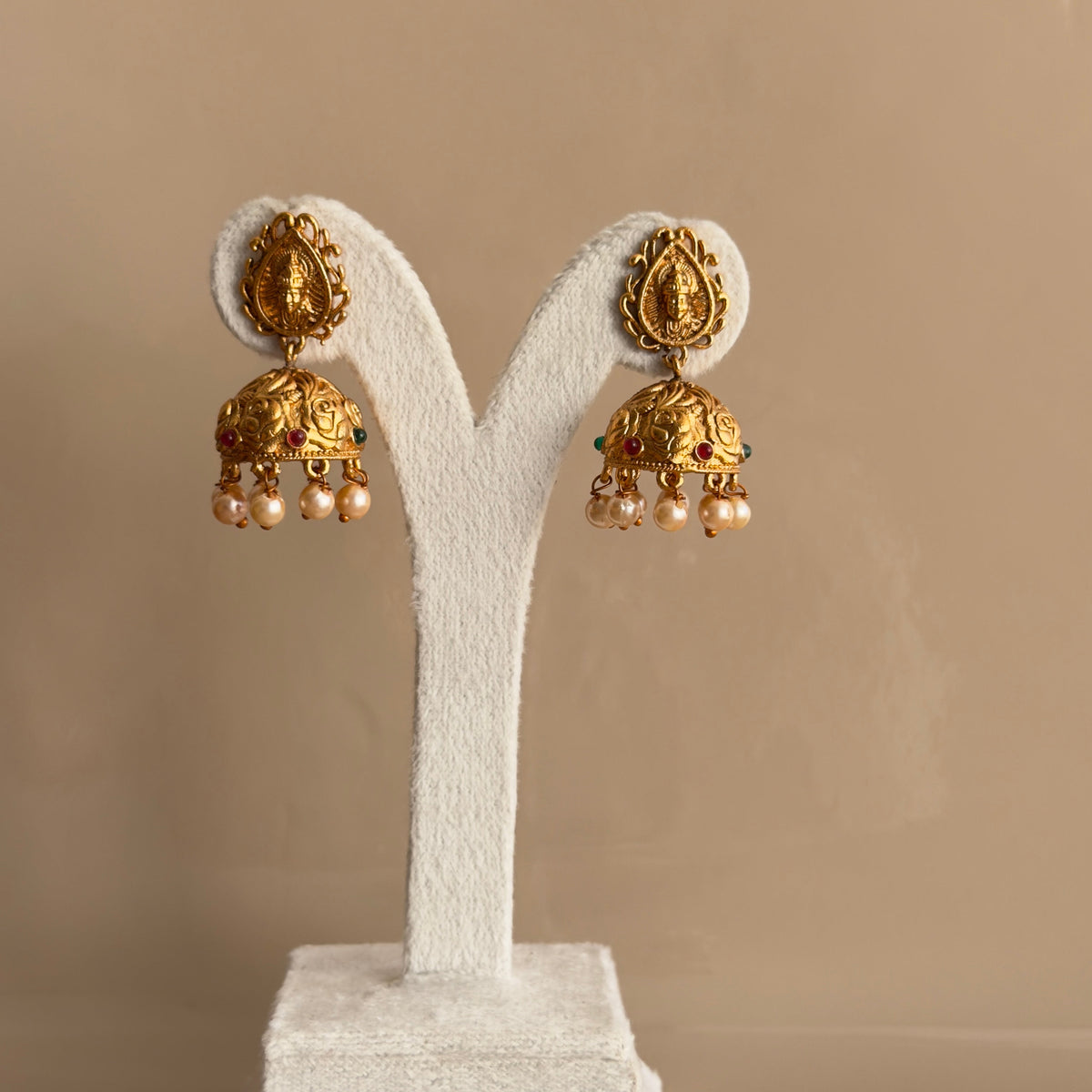 Temple Lakshmi Jhumka Earrings with Pearl Drops