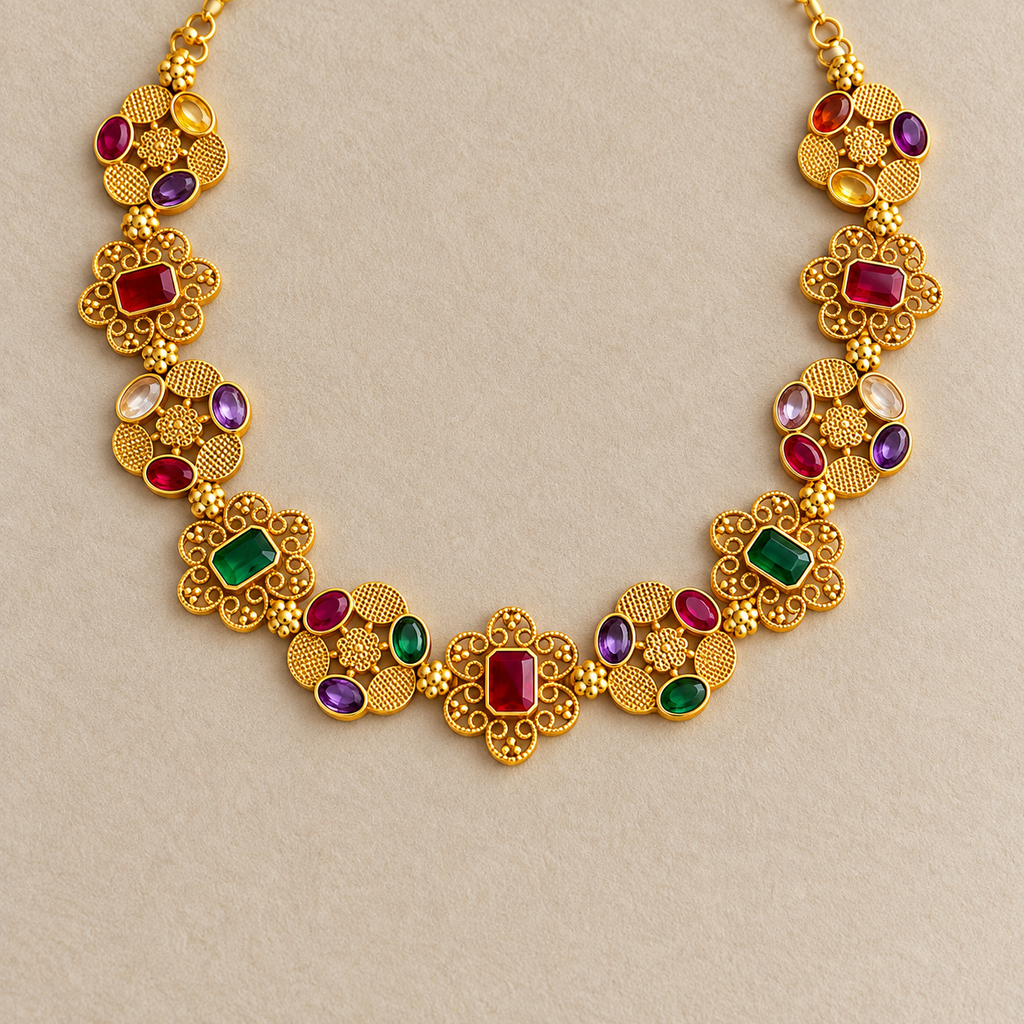 18K Gold Coated Navratna Filigree Necklace