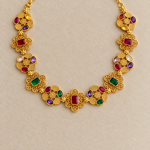 18K Gold Coated Navratna Filigree Necklace