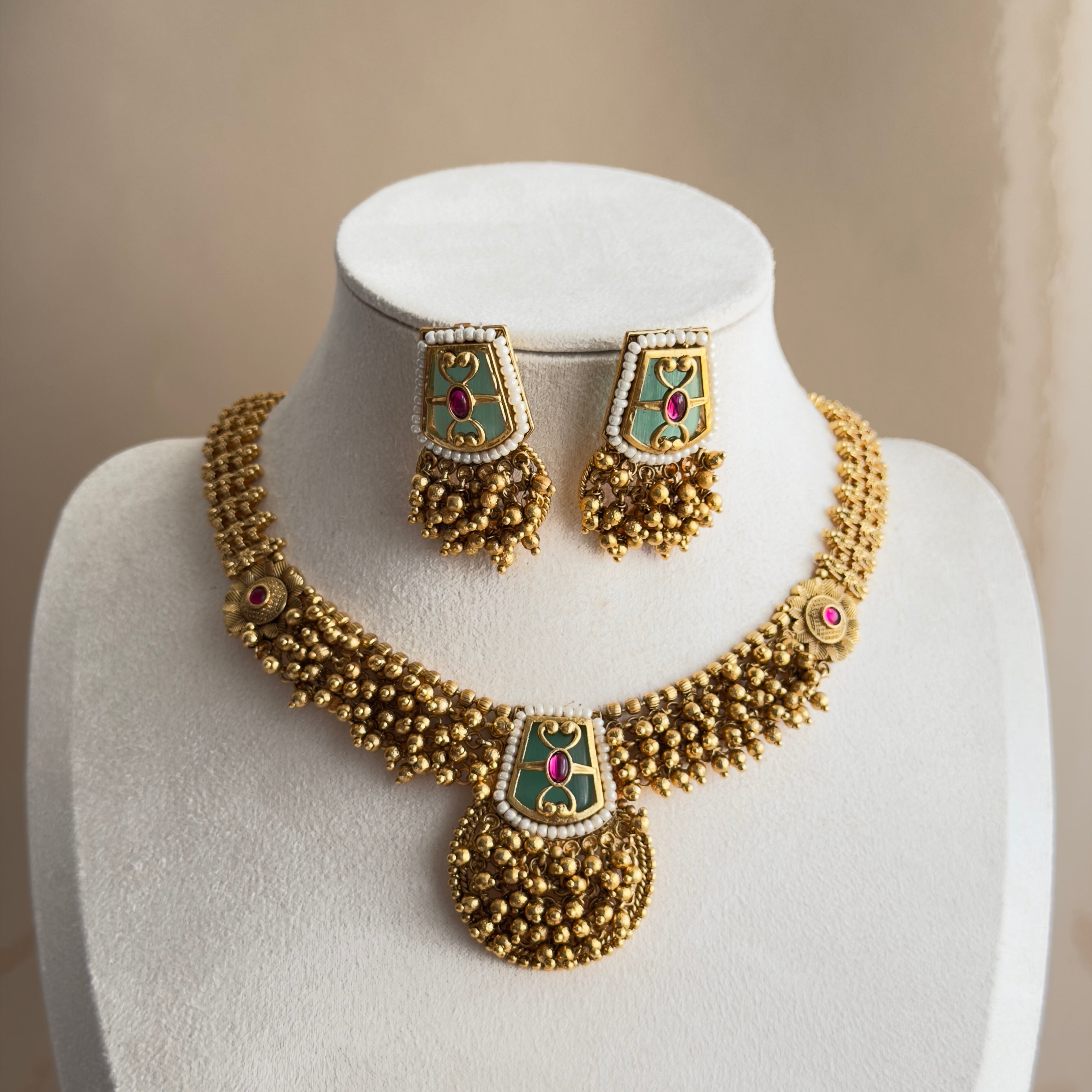 Antique Gold Meenakari Necklace Set with Ghungroo Earrings