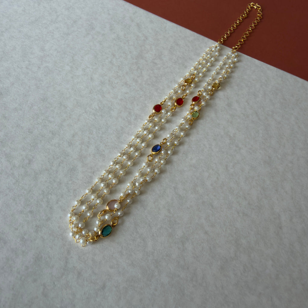 Triple Layered Pearl with Multicolour Stone Necklace