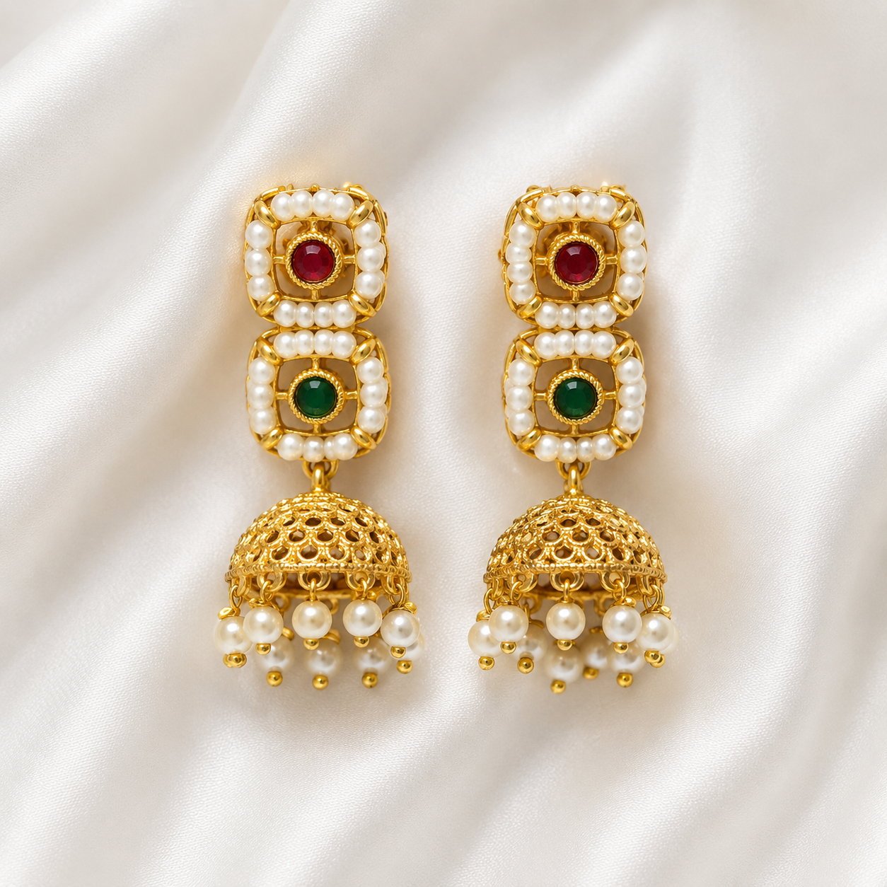 Pearl Square Motif Necklace Set with Jhumka Earrings
