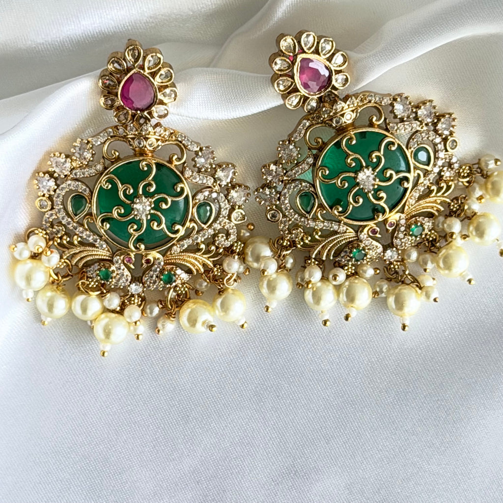 Emerald Chandbali Earrings with Ruby & Pearl Drops