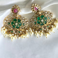 Emerald Chandbali Earrings with Ruby & Pearl Drops