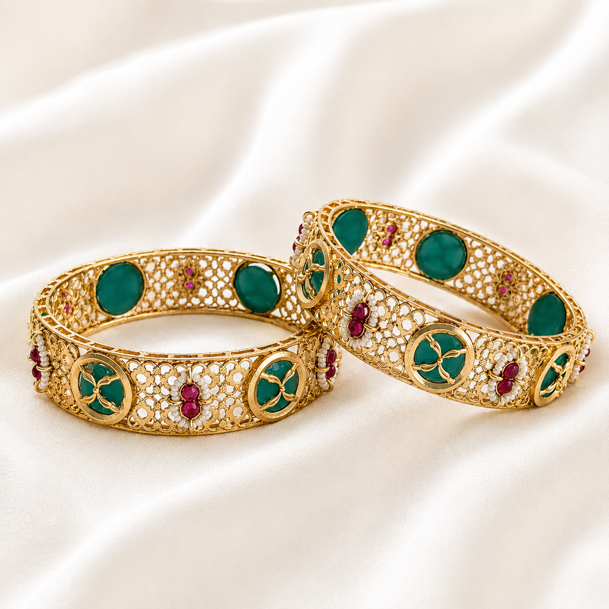 Emerald Pearl Mughal Filigree Bangle