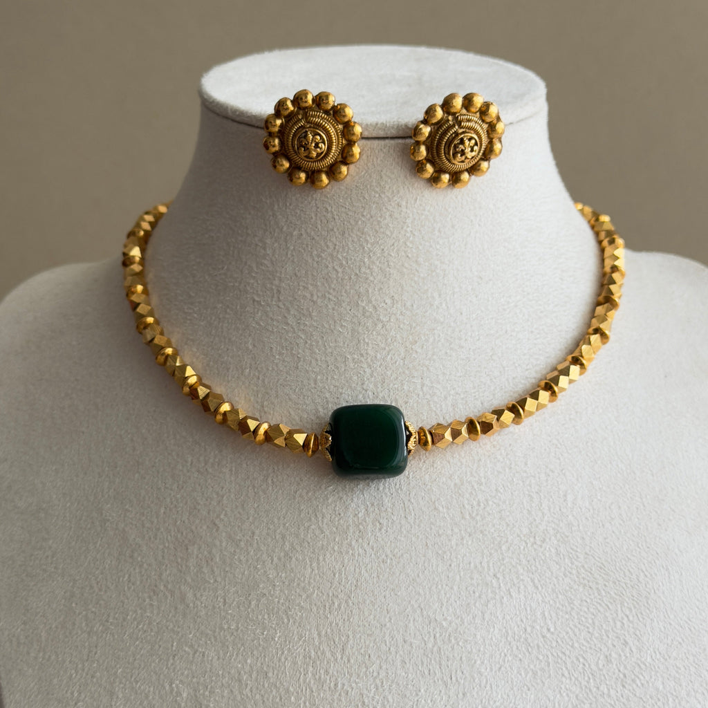 Antique Gold Beaded Necklace & Temple Stud Earrings Set