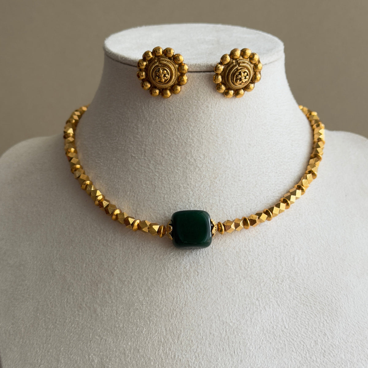 Antique Gold Beaded Necklace & Temple Stud Earrings Set