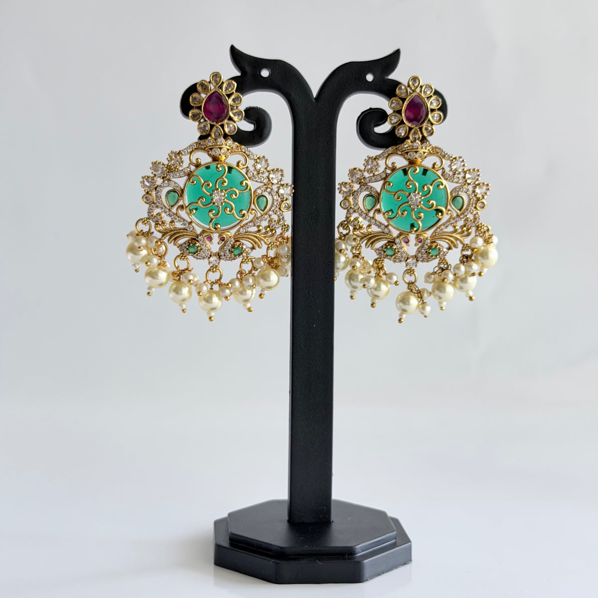 Emerald Chandbali Earrings with Ruby & Pearl Drops