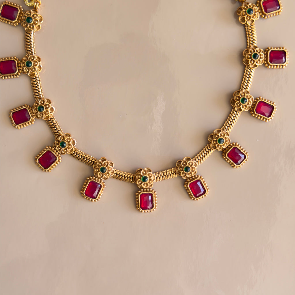 Kemp Ruby Square Stone Necklace & Earrings Set