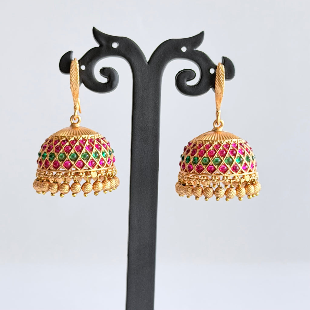 Ruby Emerald Gold Jhumka Earrings