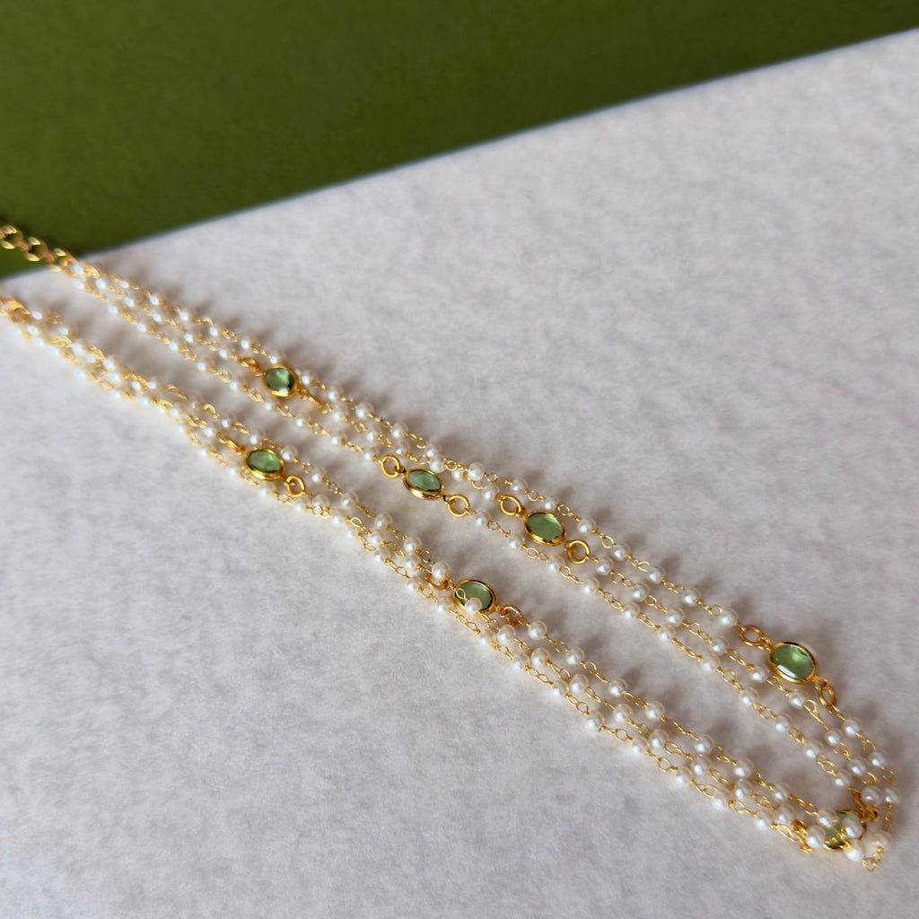 Triple Layered Pearl with Parrot Green Stone Necklace