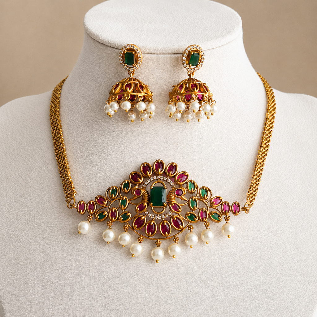 Antique Gold Kemp & Emerald Choker Necklace Set with Pearl Jhumka Earrings