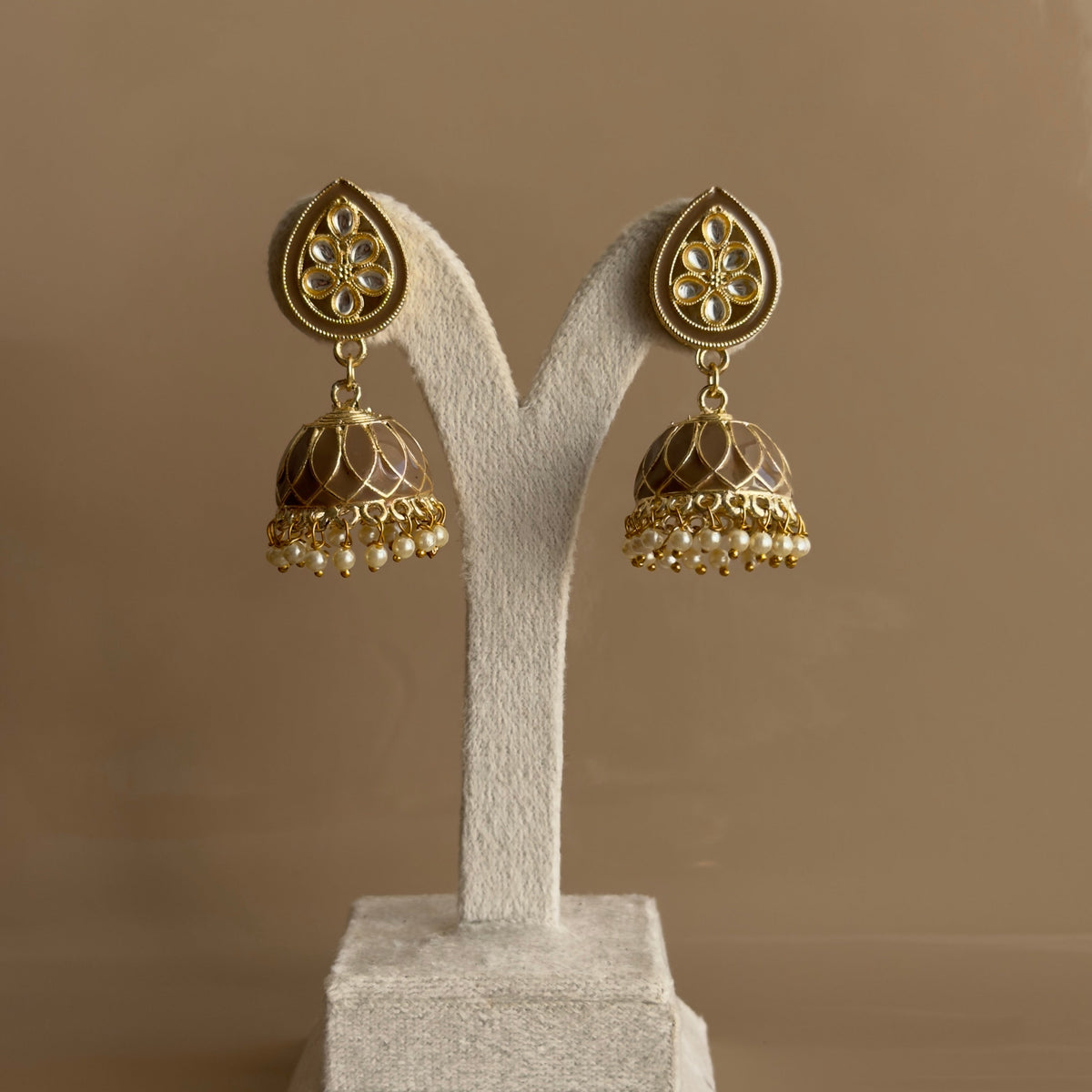 Kundan Jhumka Earrings with Pearl Drops