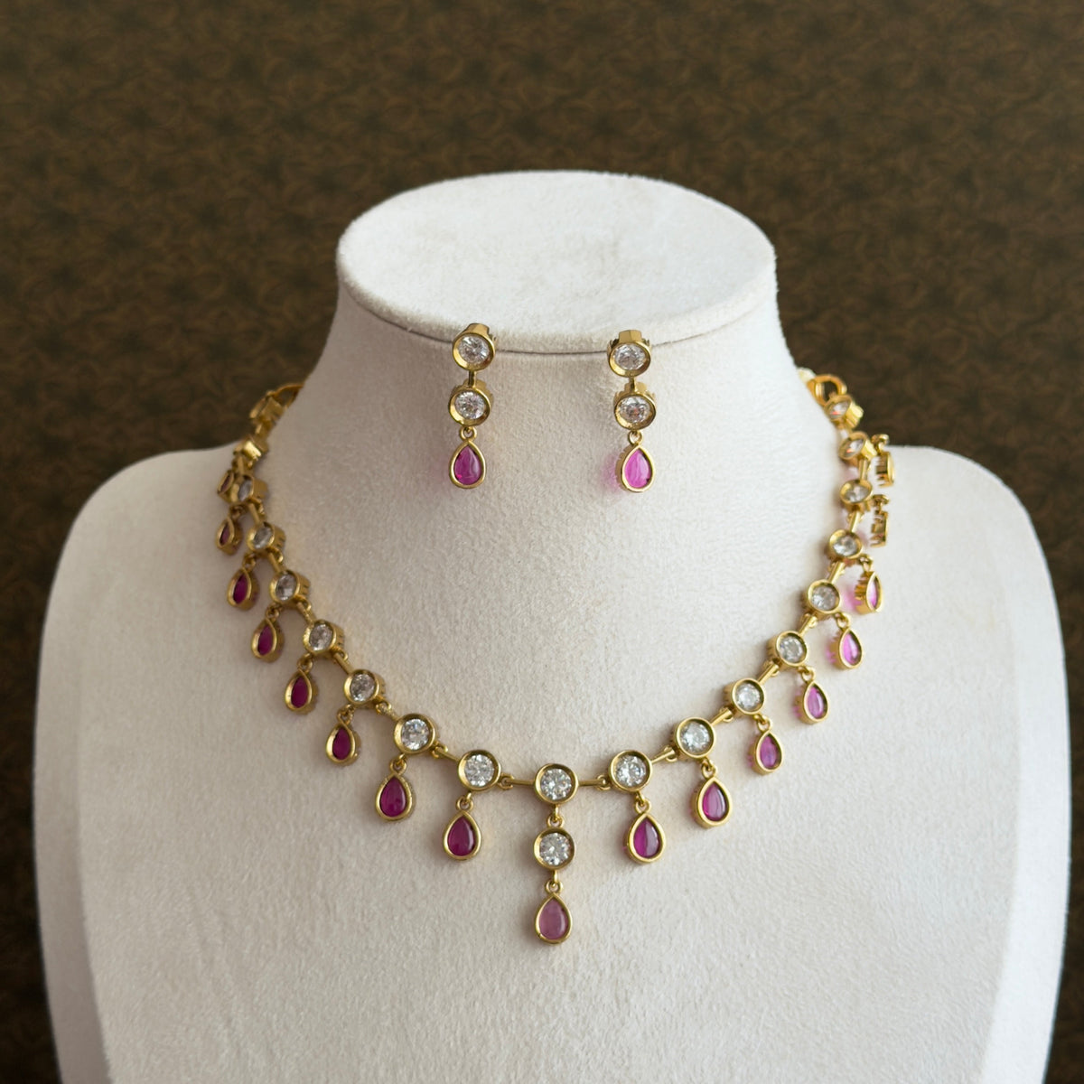 Ruby & Diamond Style Gold Necklace Set