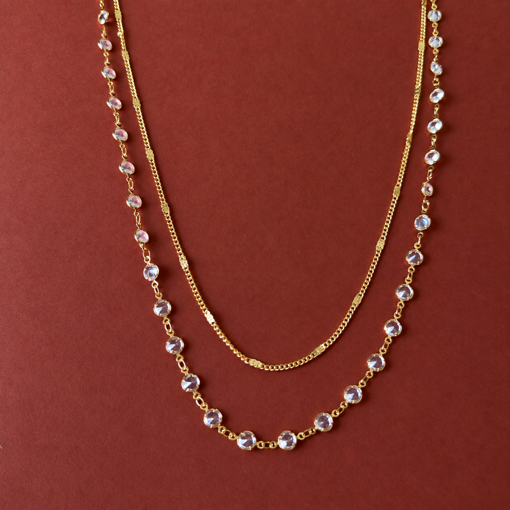 Double Layer Crystal Station & Curb Chain Necklace Set